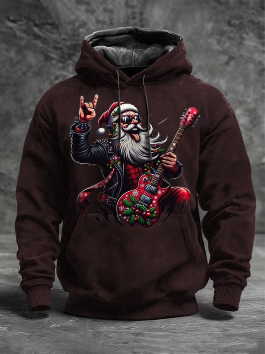 Men brown rock santa guitar print hoodie
