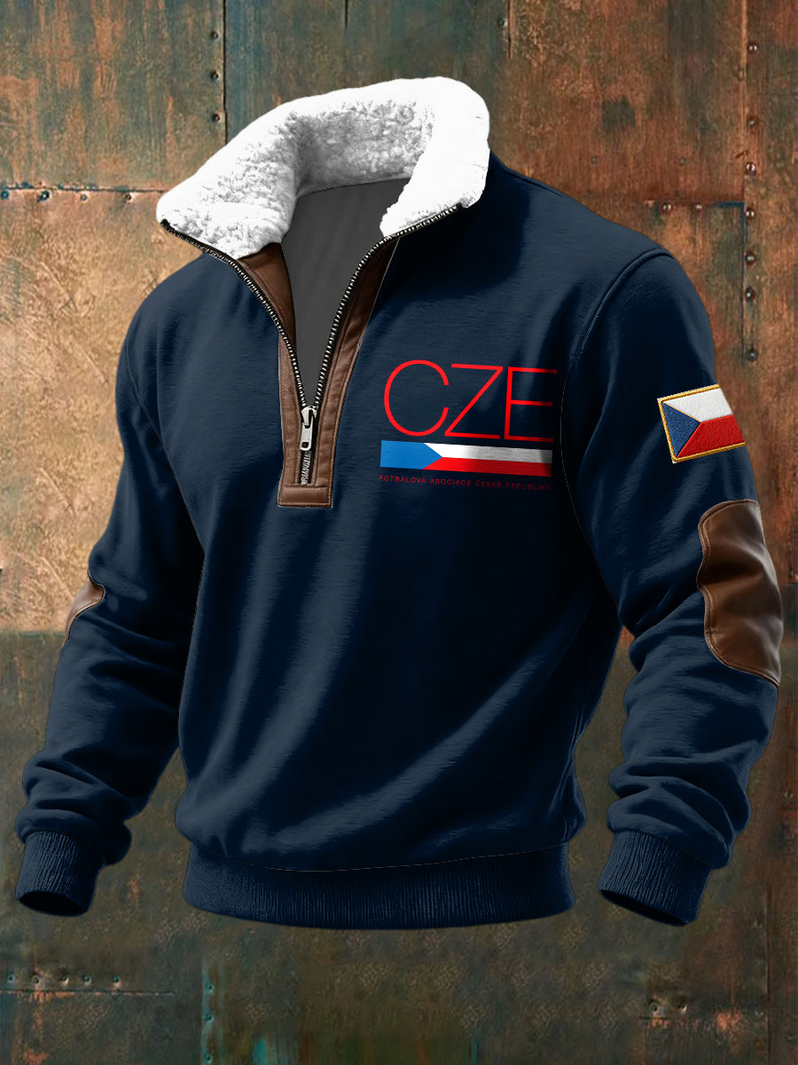 Retro česká vlajka jehněčívlna patchwork zips pulóver