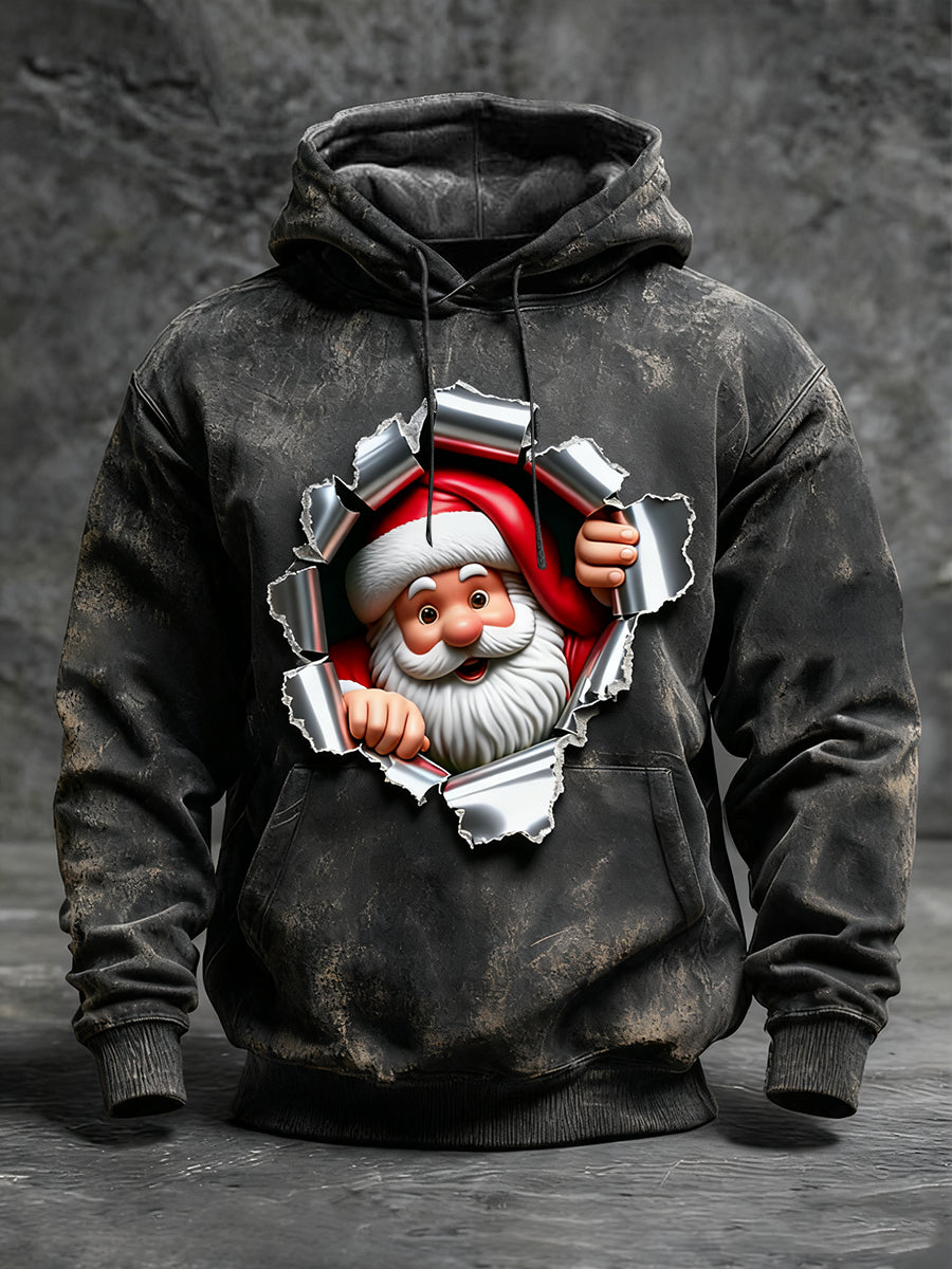 Pánské černé znepokojený santa tearing tisk hoodie