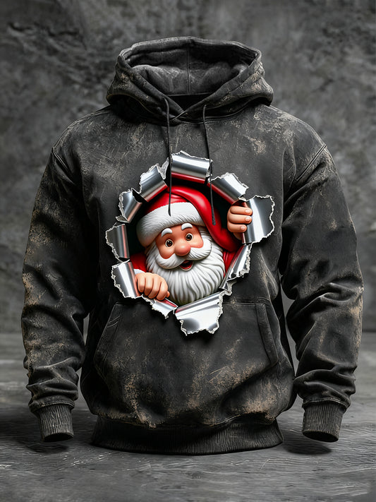 Pánské černé znepokojený santa tearing tisk hoodie
