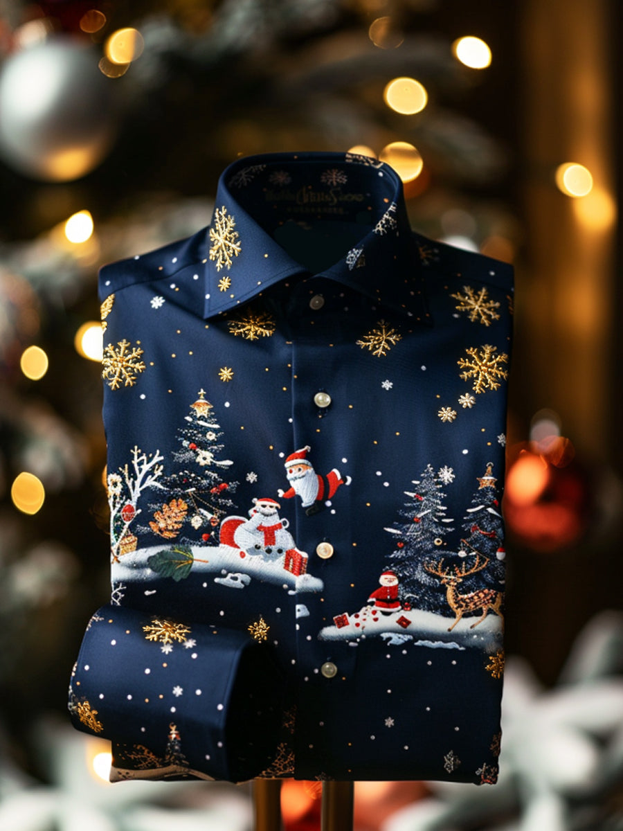 Retro vánoční snowflake santa claus premium satén s dlouhým rukávem košile