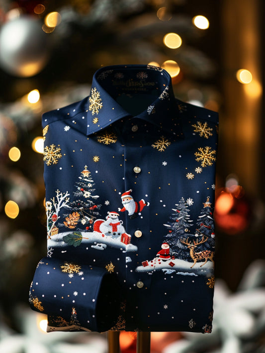 Retro vánoční snowflake santa claus premium satén s dlouhým rukávem košile