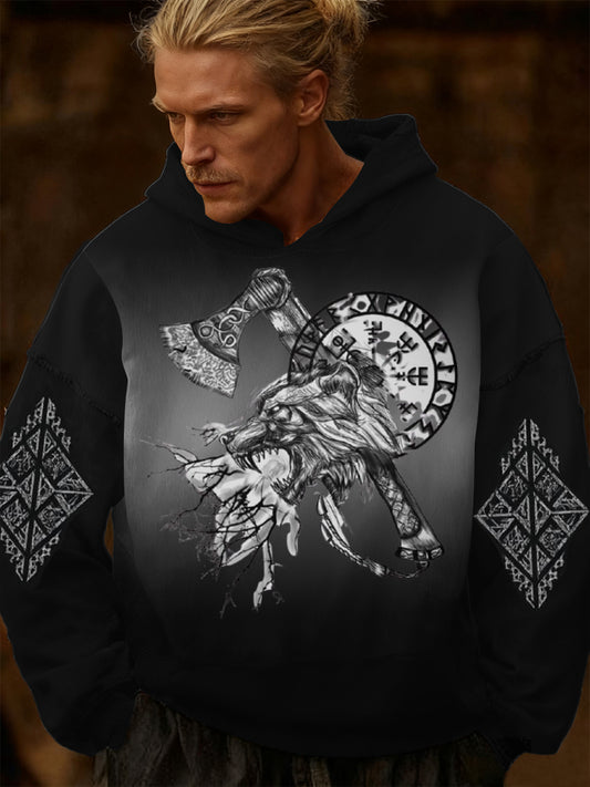 Pánské černé viking vlk & sekera tisk mikina