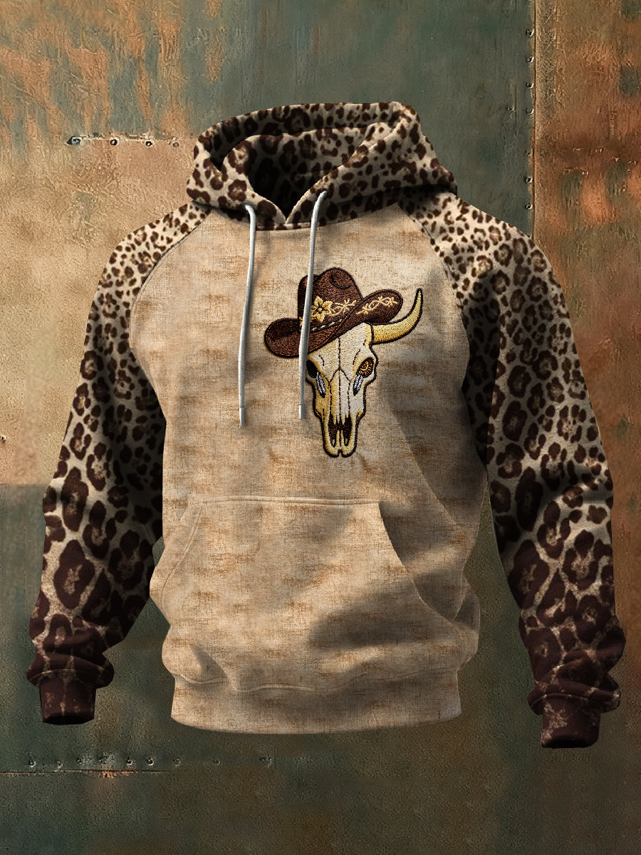 Retro western cow skull print casual sweatshirt