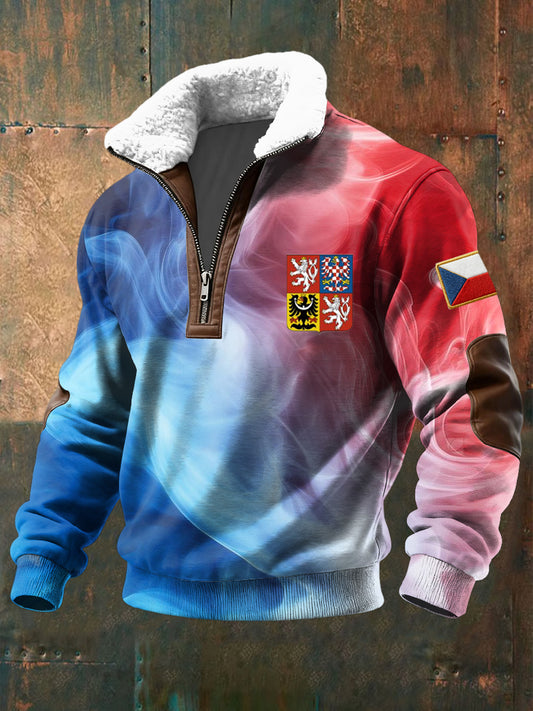 Retro abstraktní barevné vlajky emblém lambswool zips pulóver
