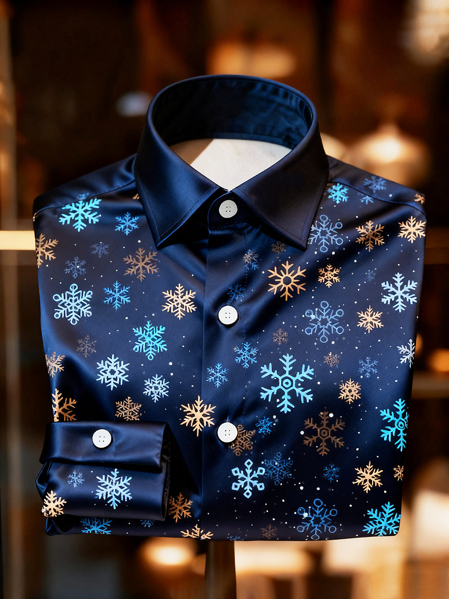 Retro vánoční snowflake premium satén s dlouhým rukávem košile