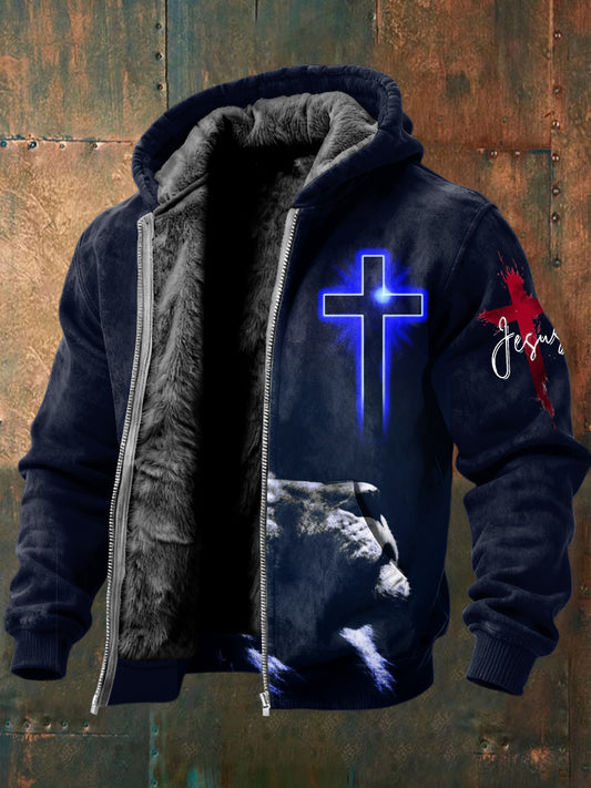 Retro jesus lion fleecelined with hooded jacket