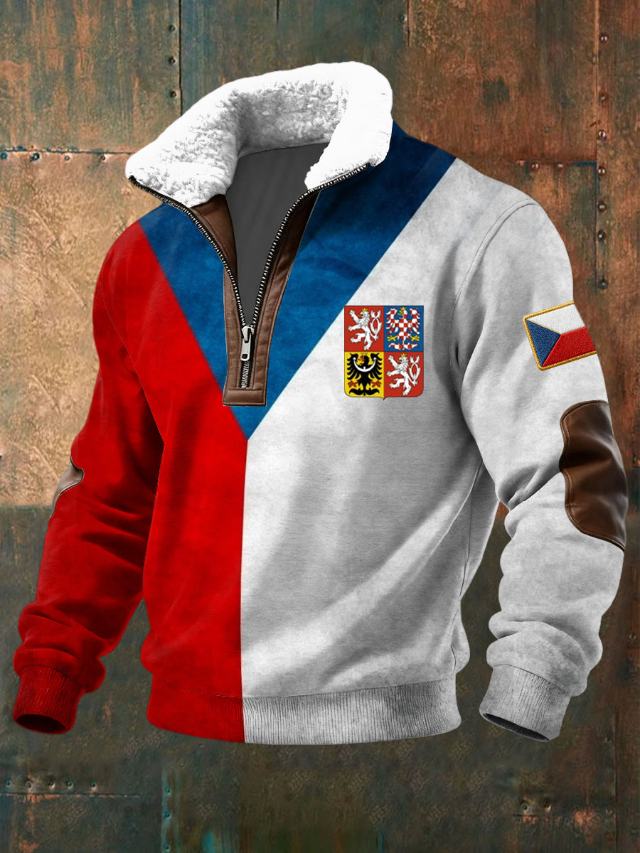 Retro vlajka geometrické patchwork shearling zipper pulóver