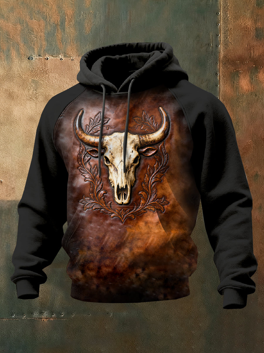 Retro western cow skull print casual sweatshirt