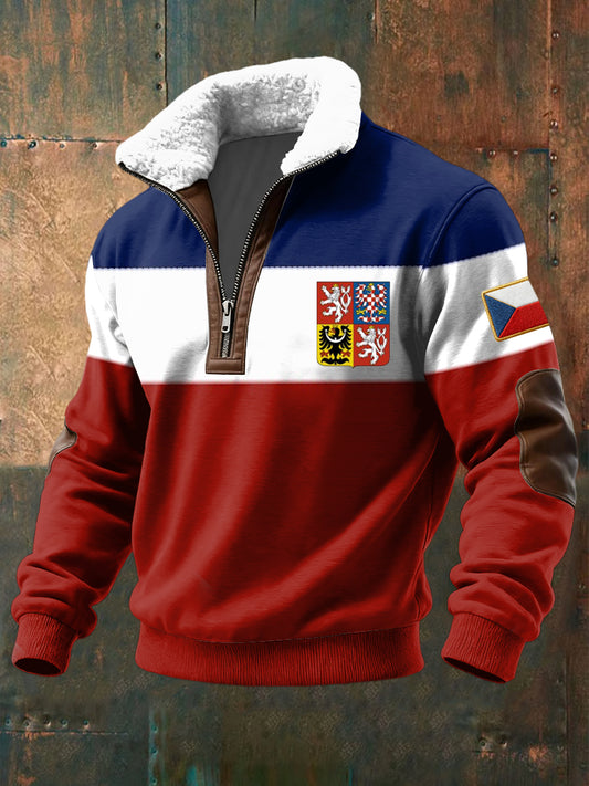 Retro barvablok pruhované vlajky emblém lambswool zips pulóver