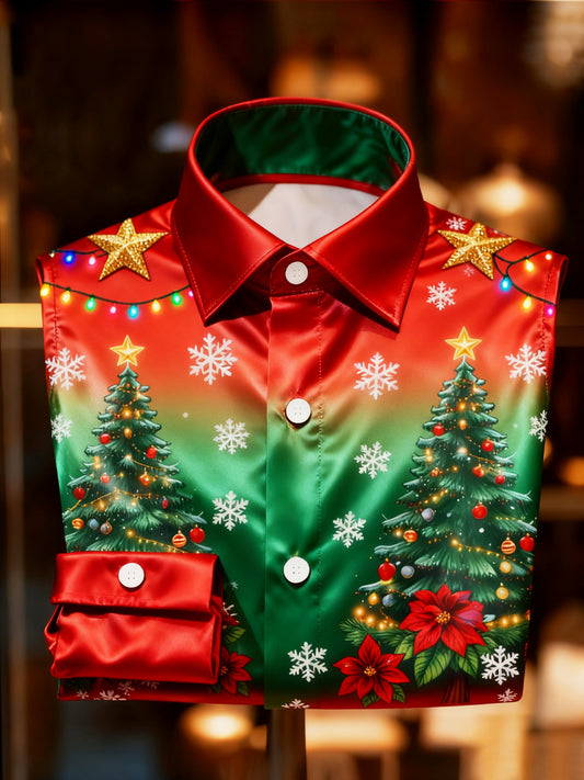 Retro vánoční stromeček gradient premium satén s dlouhým rukávem košile