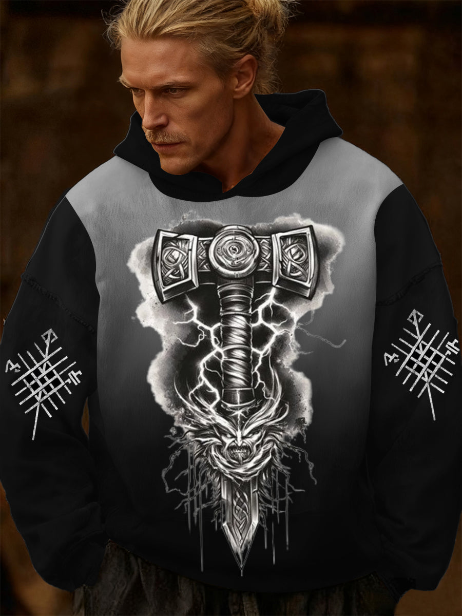 Men black thors hammer lightning print hoodie