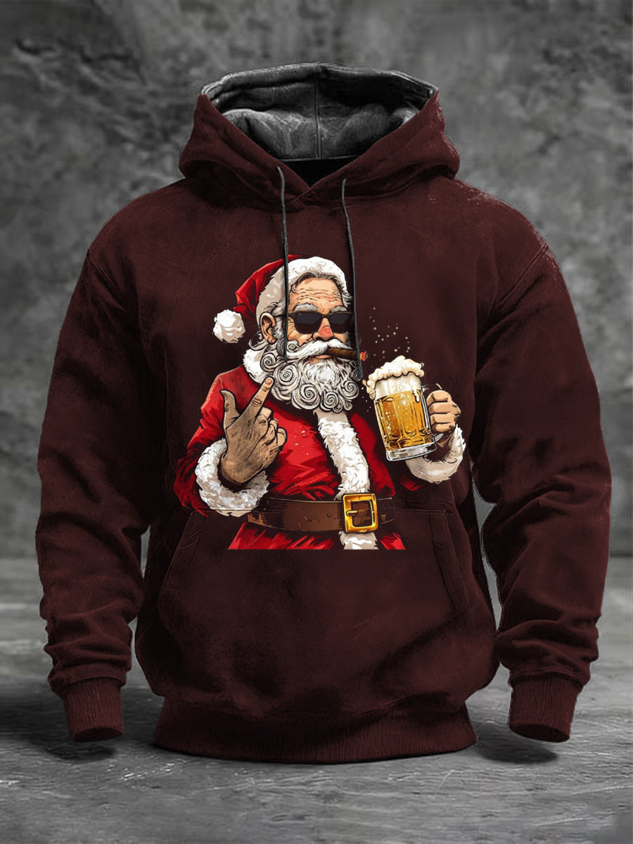 Pánské burgundské rock santa pivo & cigar tisk mikina