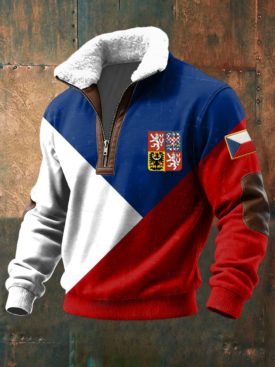 Retro vlajka emblém geometrické jehněčívlna zips pulóver