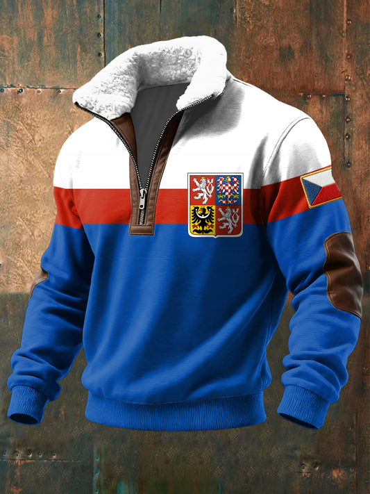 Retro pruhované vlajky emblém lambswool zips pulóver