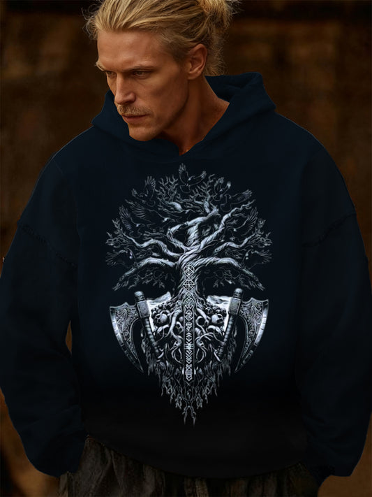 Men navy yggdrasil tree & axes print hoodie