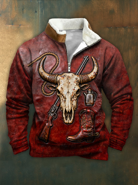 Retro western cow skull print casual sweatshirt