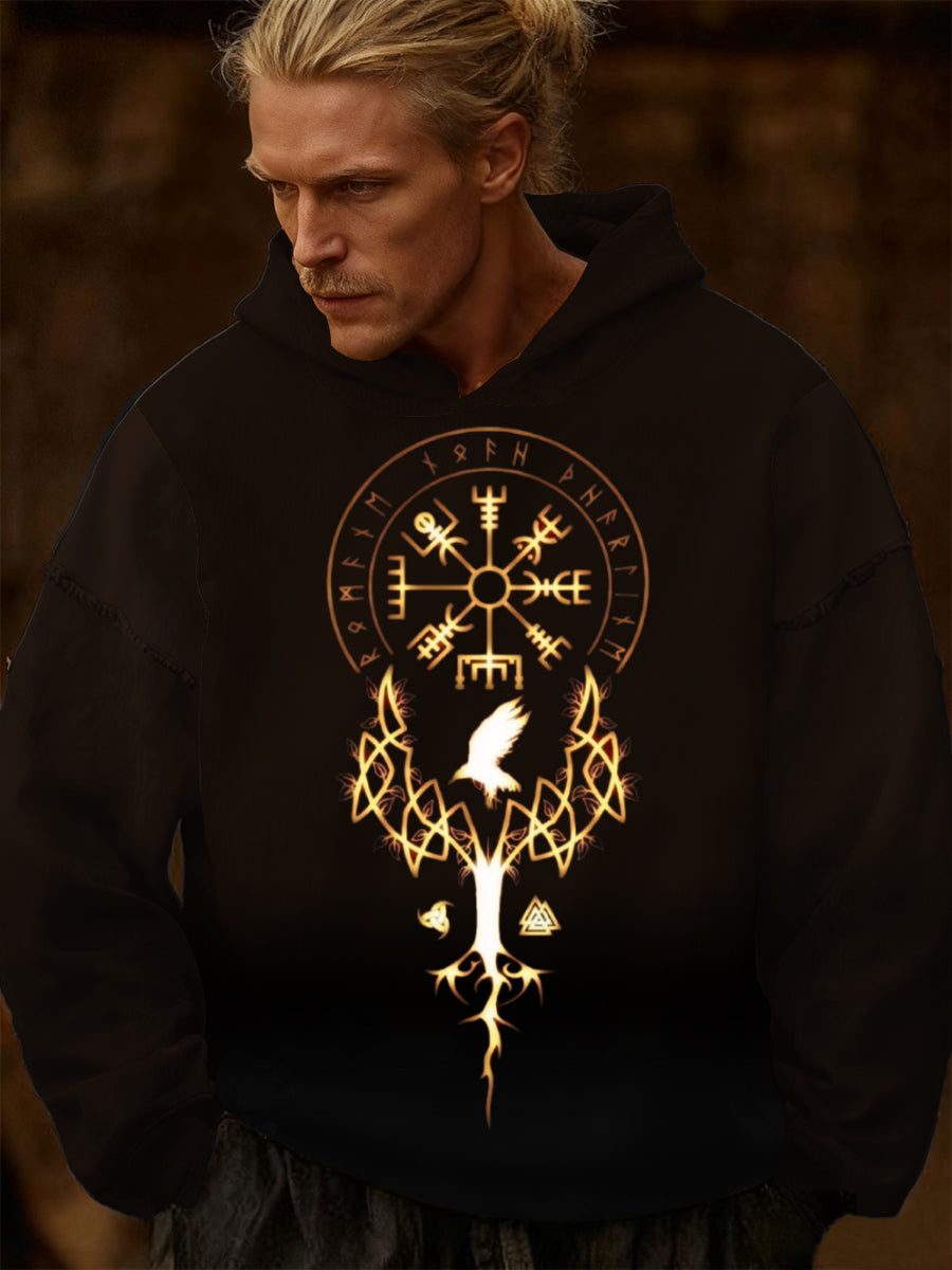 Men black glowing norse rune & tree print hoodie