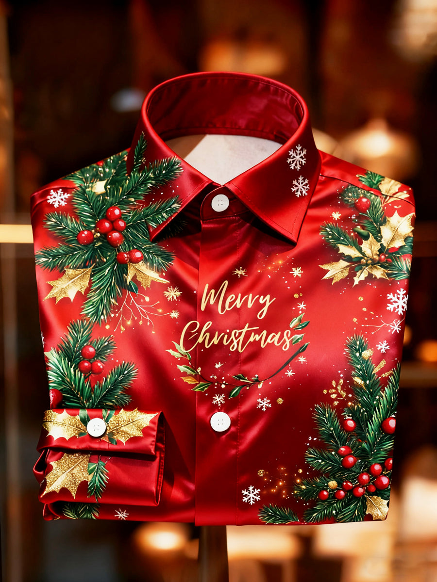 Vintage vánoční červené prémiové saténové tričko s dlouhým rukávem