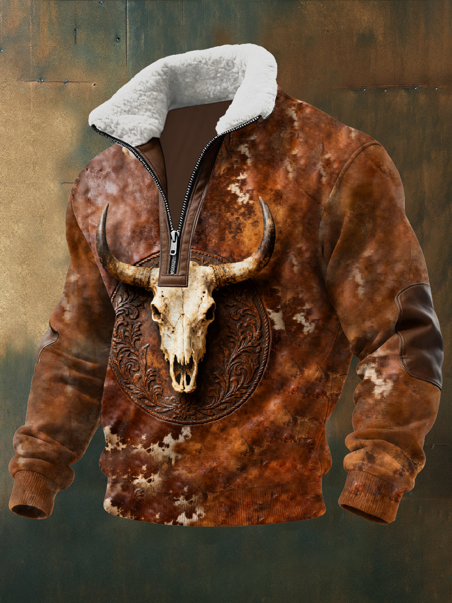 Retro western cow skull print casual sweatshirt