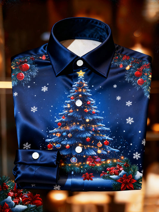 Vintage christmas tree snowflake premium satén s dlouhým rukávem košile