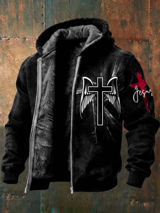 Retro faith wings cross fleecelined with hooded jacket