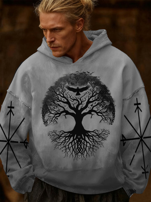 Men grey yggdrasil tree & raven print hoodie