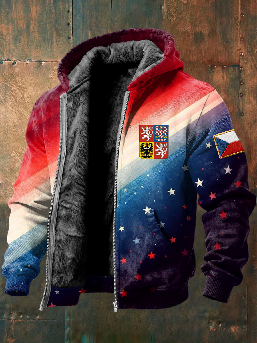 Retrobarevné geometrické emblémy casual fleecelemované kabát s kapucinou