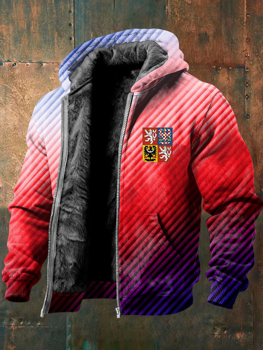 Retro abstract flag stripe casual fleecelined with hooded jacket