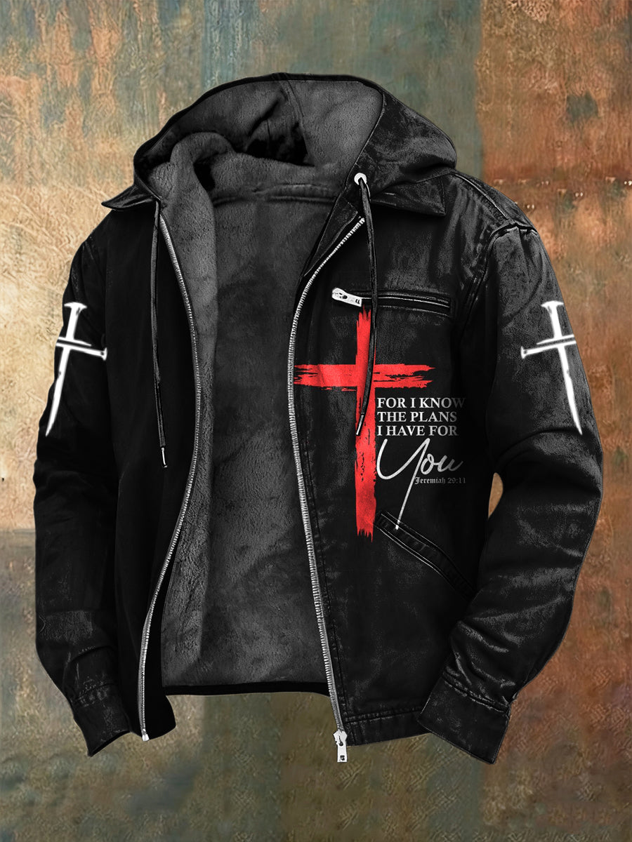 Retro cross faith casual fleecelined with hooded jacket