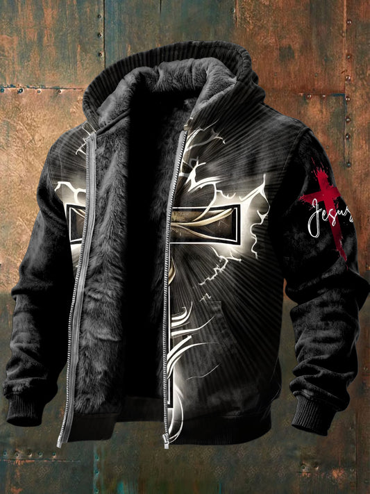 Retro abstract cross casual fleecelined with hooded jacket
