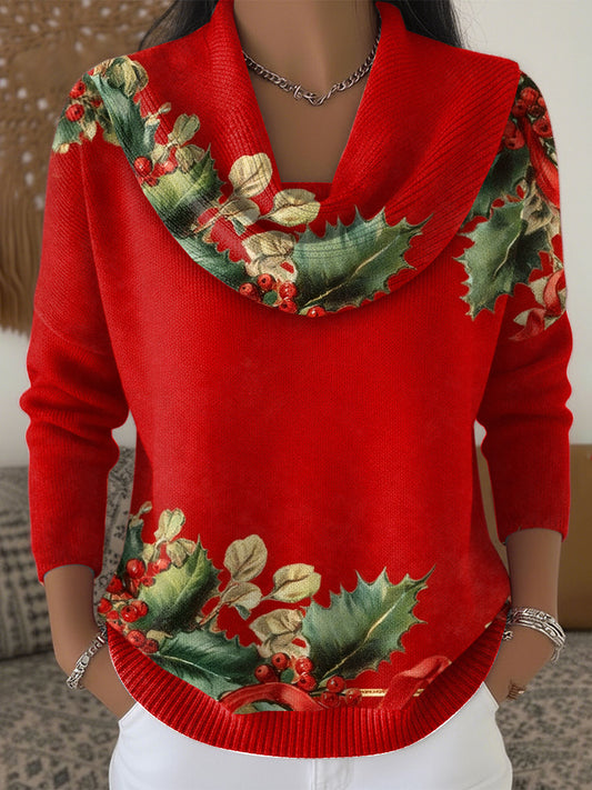Dámské vánoční červený květinový pletený svetr