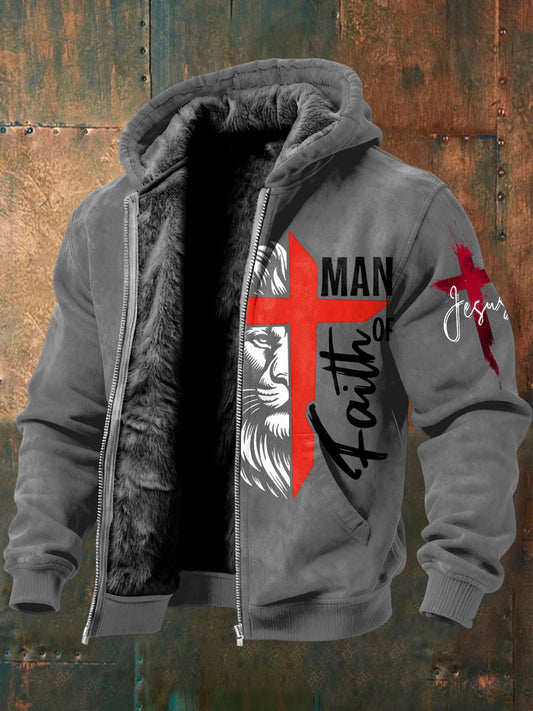 Retro cross lion casual fleecelined with hooded jacket