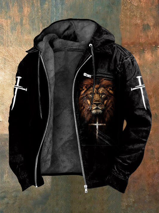 Retro jesus lion casual fleecelined with hooded jacket