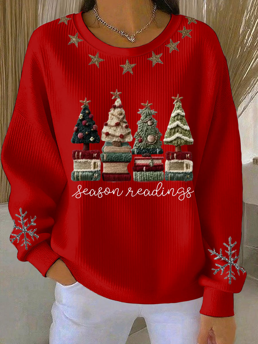 Dámské útulné příze stromy tisk rebrované mikiny s kulatým krkem