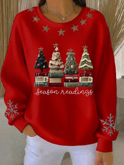 Dámské útulné příze stromy tisk rebrované mikiny s kulatým krkem