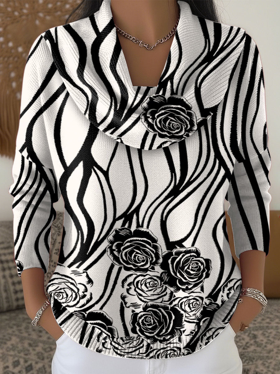 Dámské příležitostné svetr s černou a bílou květinový design