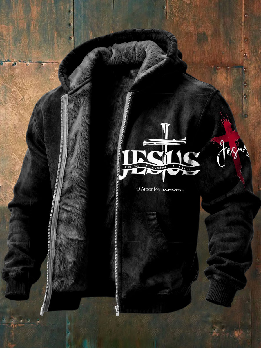 Retro jesus cross casual fleecelined with hooded jacket