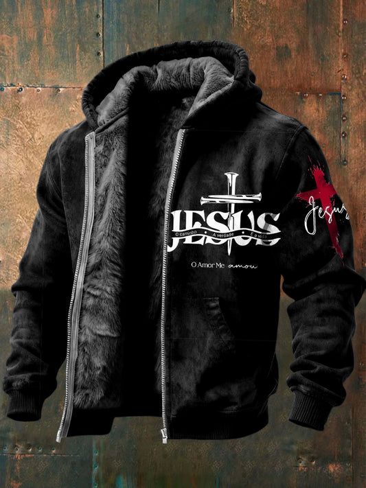 Retro jesus cross casual fleecelined with hooded jacket