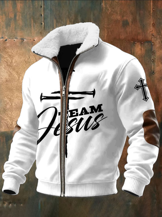 Retro abstraktní ježíšovo křížové jehňátkovaná golier kabát na zips