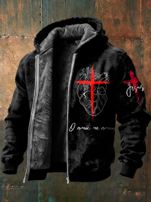 Retro jesus love and sacrifice fleecelined hooded jacket