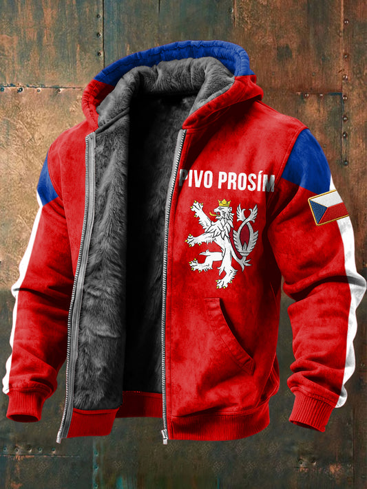 Retro czech lion beer fleecelined hooded jacket