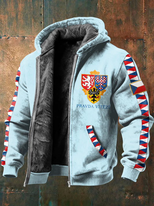 Retro czech prague castle guard emblem fleecelined with hooded jacket