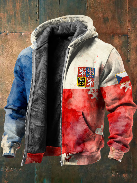 Vintagewashed czech flag fleecelined hooded jacket