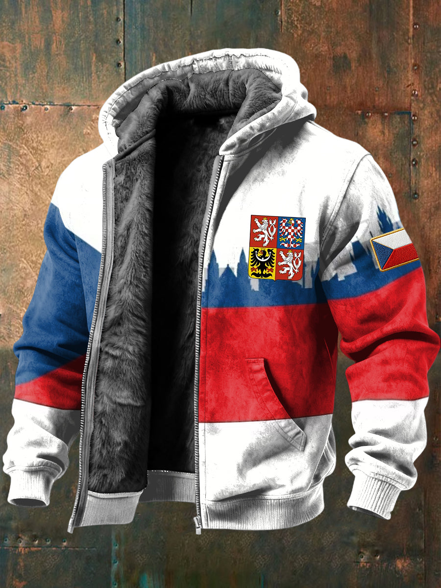 Retro česká vlajka city silueta fleecelemované kabát s kapucinou
