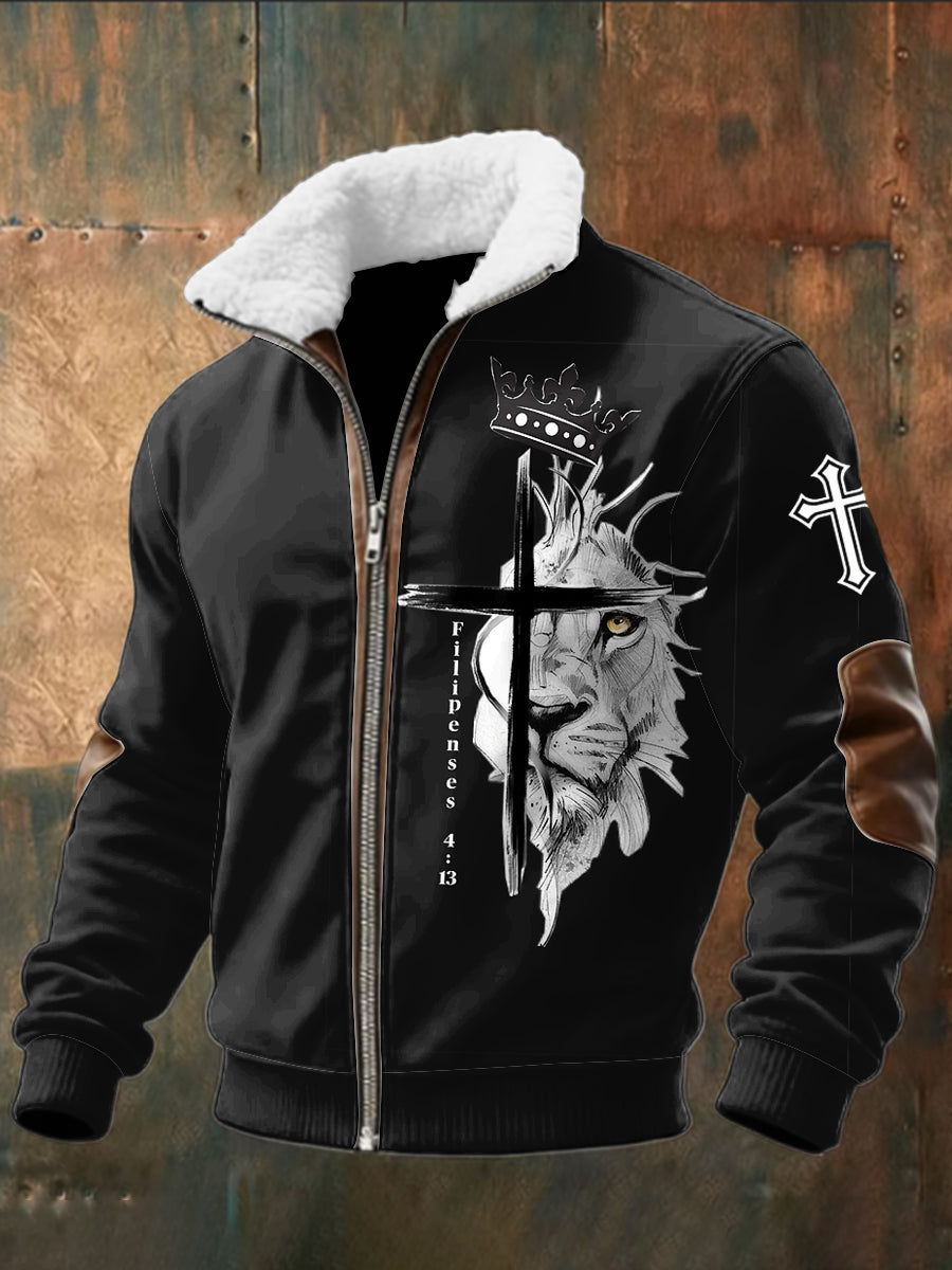 Retro abstraktní jesus lion lamb fur zipper bunda