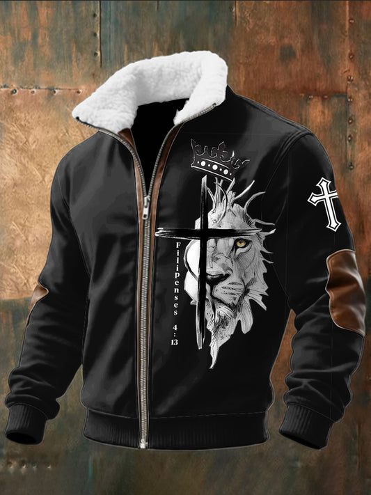Retro abstraktní jesus lion lamb fur zipper bunda