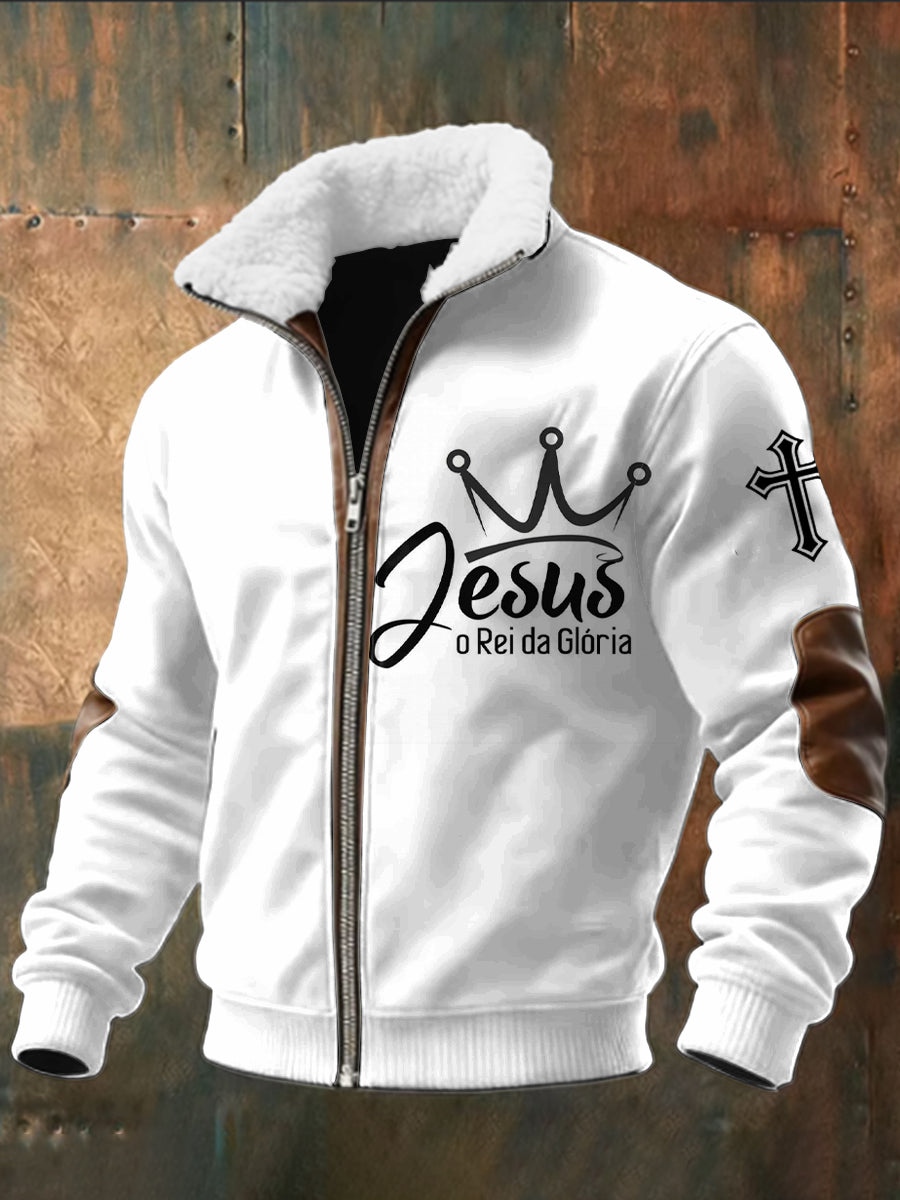 Retro abstraktní jesus crown shearling zipper bunda