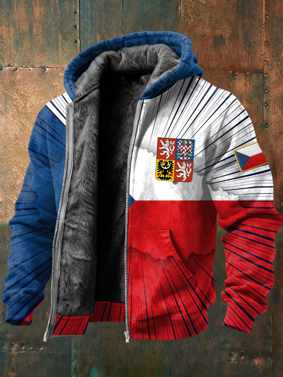 Retro czech flag map fleecelined hooded jacket