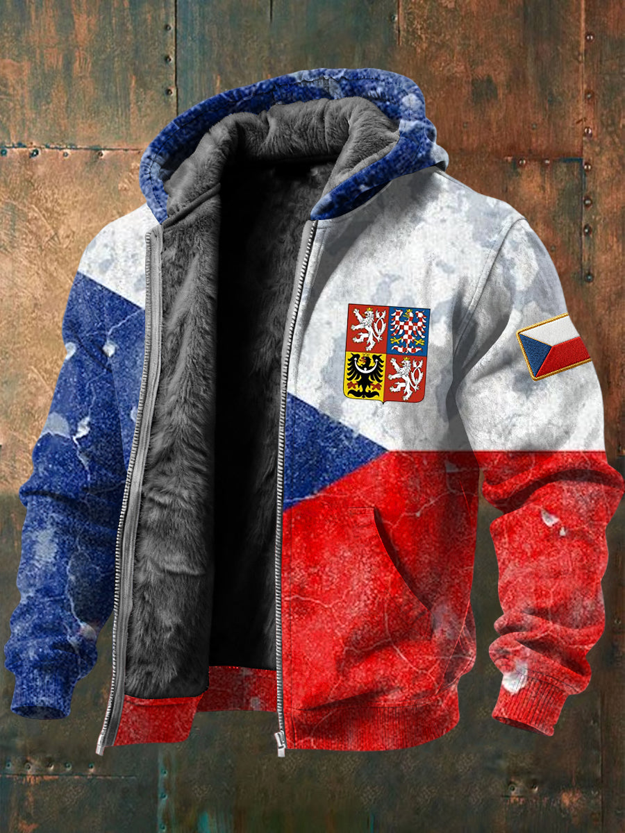 Ročník v obtížných českých vlajkách emblém fleecelemovaný kabát s kapucinákem